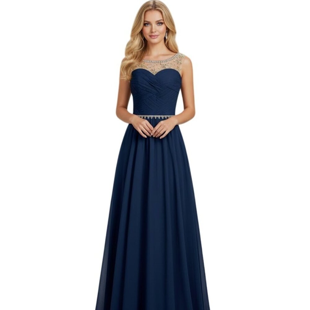 Navy Chiffon Gown 10 Beaded Neckline Waist Illusion Mesh Prom Pageant Elegant